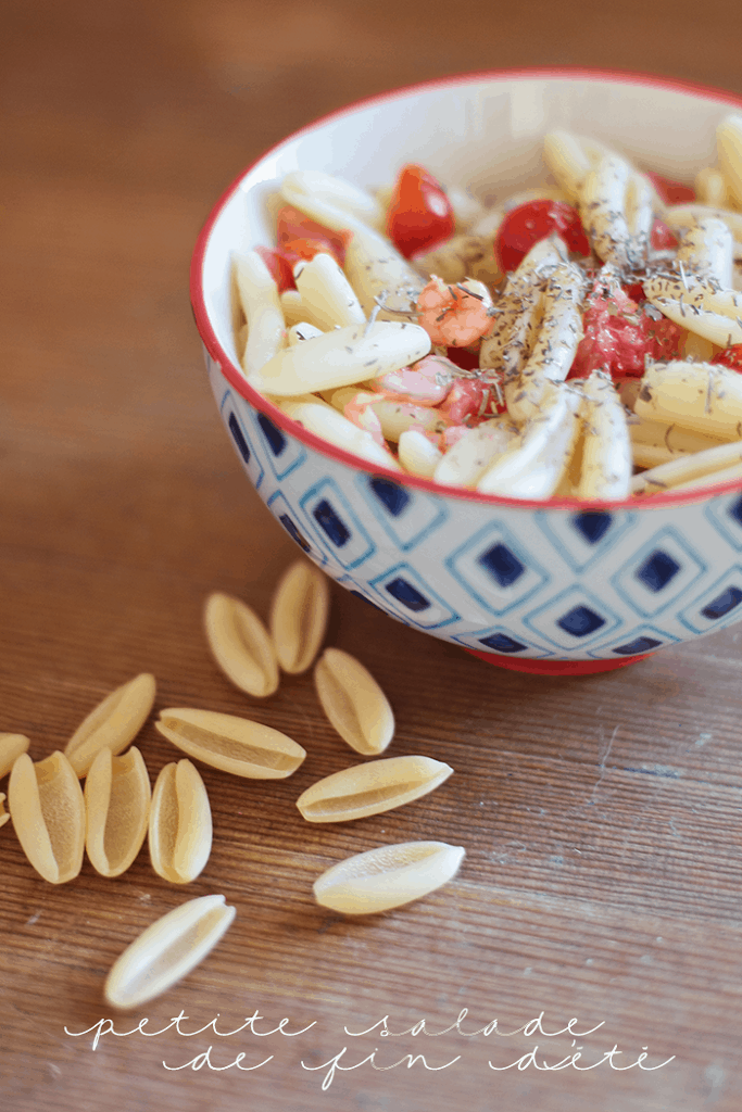 Cavatelli, pomelo, tomates cerises et crevettes