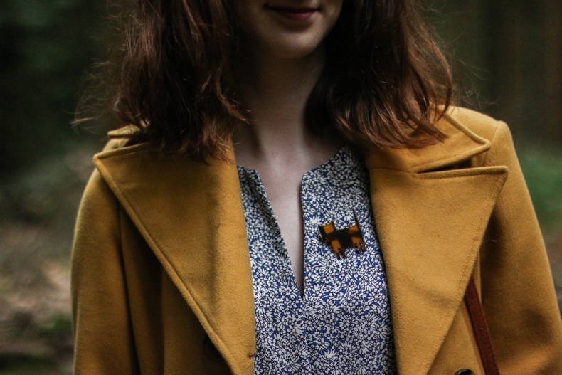 Forêt, manteau jaune & broche chat